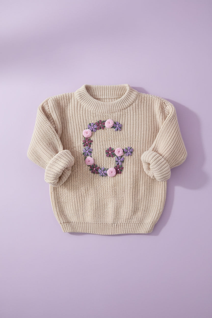 Blombrodererad tröja med initial - beige