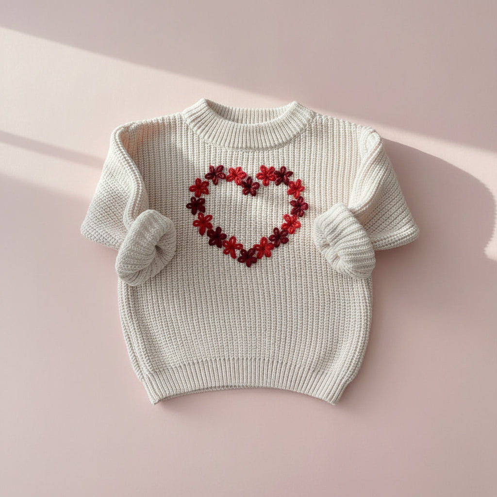 Handbroderad beige stickad tröja – hjärtmönster